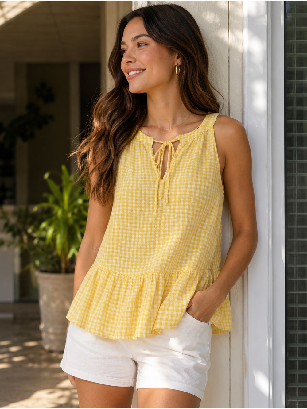 LOFT Yellow Gingham Sleeveless Peplum Tie-Neck Blouse | XS